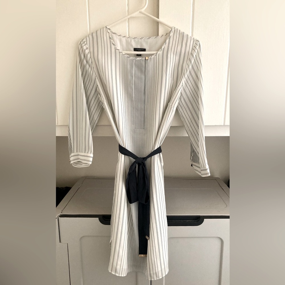 Ann Taylor White and Navy Blue Striped Dress